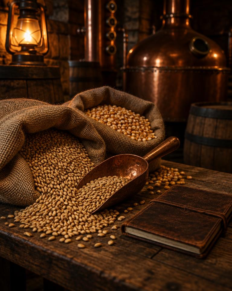 Burlap sacks of malted barley and corn with a copper scoop on a timber bench
