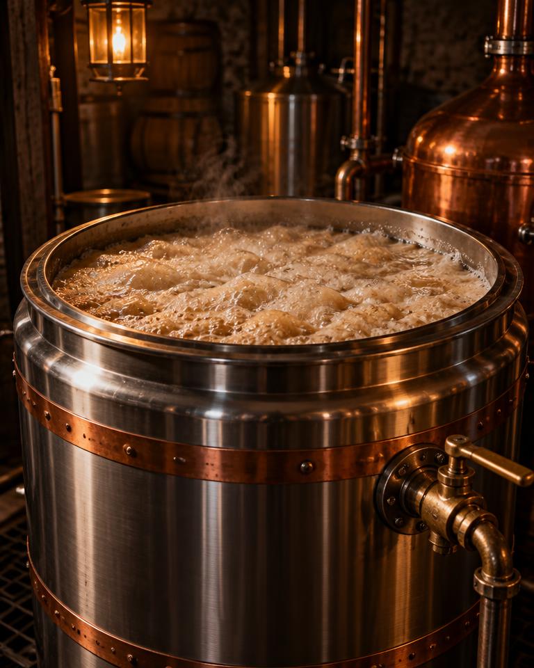 Copper-banded fermenter full of bubbling, foaming wash