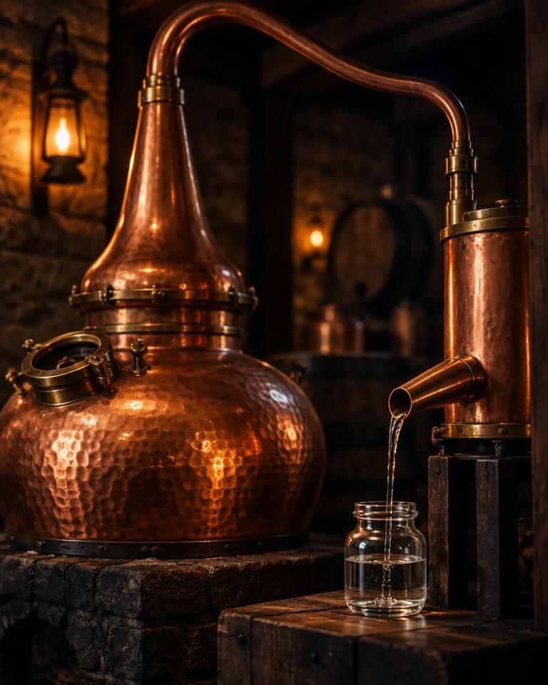 Hammered copper pot still running clear spirit into a glass jar