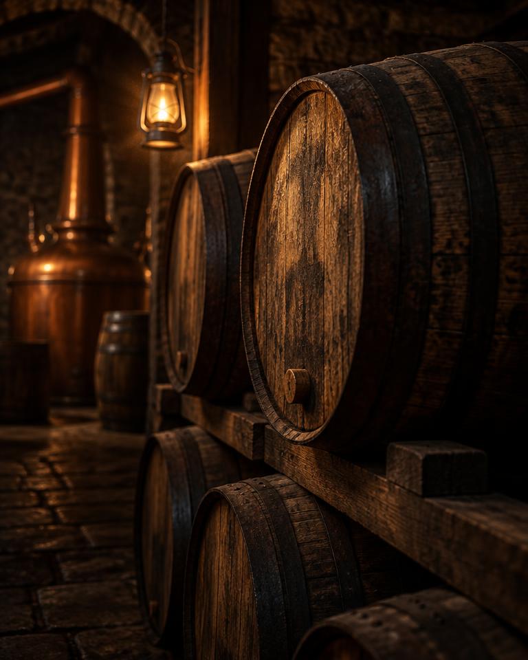 Charred oak barrels resting on timber in a lantern-lit stone cellar
