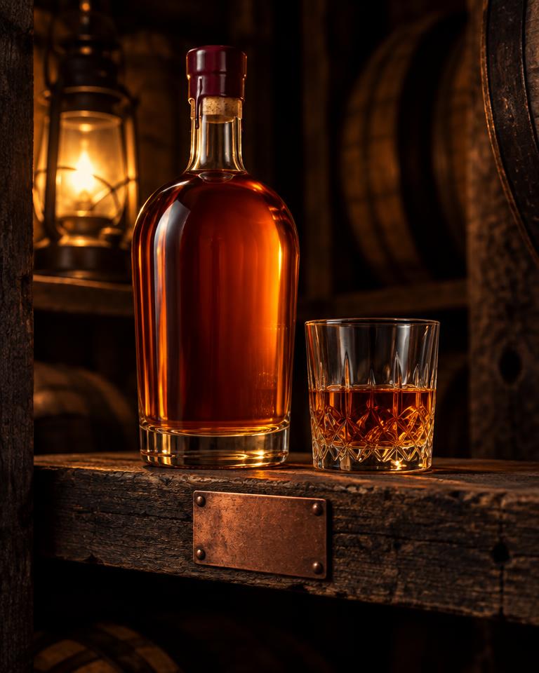 Wax-sealed bottle of amber spirit on a cellar shelf above a copper plaque